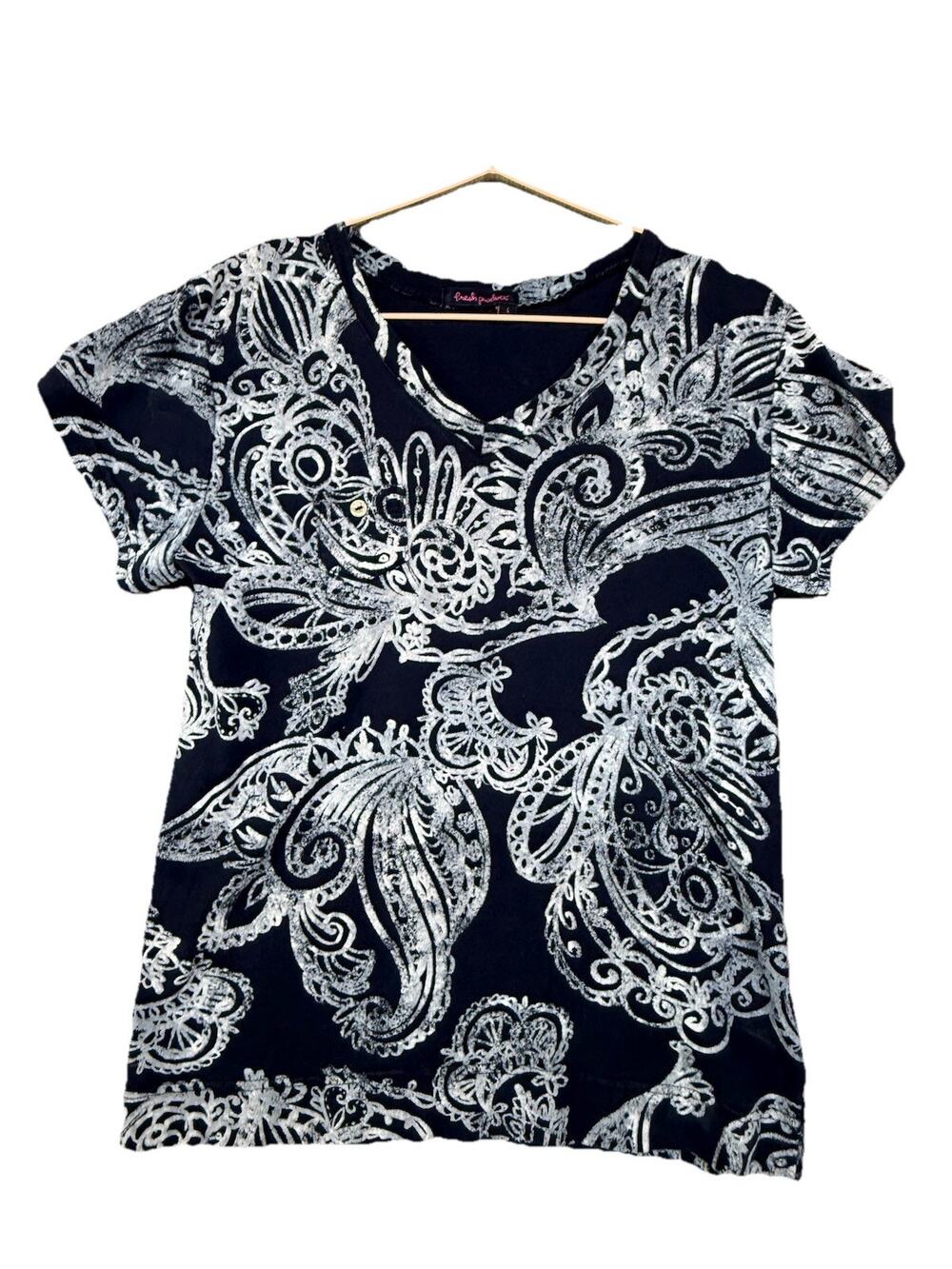 Fresh Produce Womens Paisley Navy Blue White L Short Sleeves 100% Cotton